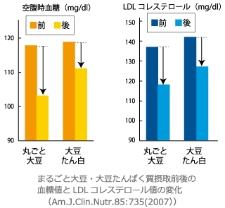 まるごと大豆・大豆たんぱく質摂取前後の血糖値とLDLコレステロール値の変化（（Am.J.Clin.Nutr.85:735(2007））