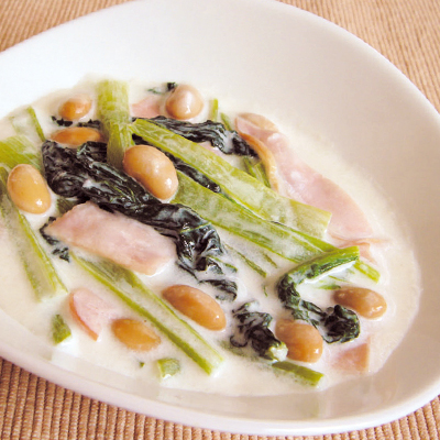 蒸し豆と小松菜のクリーム煮 蒸し豆プロジェクト